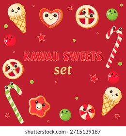 Una colección de dulces kawaii: piruletas, helados, dulces, galletas, piruletas; piruletas; pasteles; confituras, dulces de Navidad, bastones de caramelo