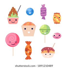 Kawaii sweets. Smile sweet desserts, crazy candy cupcake and lollipops. Emoticon food, isolated biscuits, creamy ice cream utter vector set