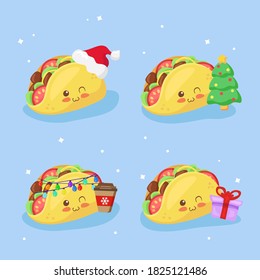 Kawaii Taco Christmas Festive Collection. Cute Smiling Cartoon Characters Illustration. Vector Xmas & New Year Food Set. Cafe Seasonal Promotion, Sale, Card, Poster, Menu. Adorable Mexican Fast Food.