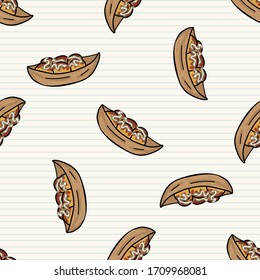 Kawaii takoyaki japanese bento box on plate seamless vector pattern. Hand drawn oriental octopus balls. Cute seafood street food for travel all over print. Asian recipe background. 