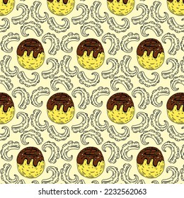 Kawaii takoyaki japanese bento box meal seamless vector pattern. Hand drawn oriental octopus balls. Cute seafood street food for travel all over print. Asian recipe background.