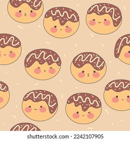 Kawaii takoyaki seamless pattern.Japanese cuisine in cute cartoon style. Traditional Japanese food. Stock vector illustration.