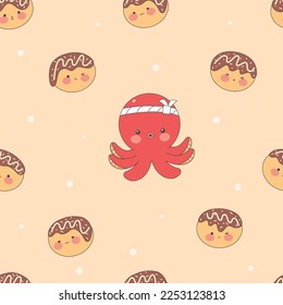 Kawaii takoyaki seamless pattern.Japanese cuisine in cute cartoon style. Traditional Japanese food. Stock vector illustration.
