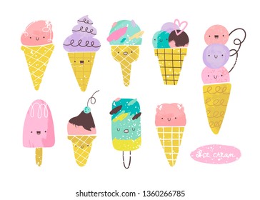 Kawaii tasty ice cream. Various face emotions. Hand drawn vector set. Watercolor style. Stamp texture. Colored trendy illustration. Flat design. All elements are isolated