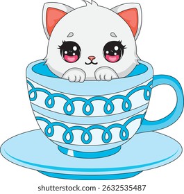 Kawaii Tea Cup Kitten Cartoon White Cat Vector