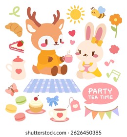 Kawaii Tea Party Clipart with Cute Bunny and Deer, Vector Illustration. Adorable Picnic Tea Time Vector, Cute Animals and Sweets. Cartoon Tea Party with Bunny and Deer, Kawaii Pastel Elements Set.