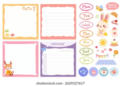 Kawaii Tea Party Memo Pad with Bunny and Deer Stickers. Cute Weekly Planner and Checklist with Spring Tea Time Theme. Printable Kawaii Note Templates with Pastel Stickers and Animals.