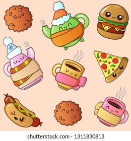 Kawaii Tea Party Seamless Pattern  -  Cute Cups, Teapots, Cookies, Pizza, Burger And Hot Dog