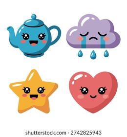 Kawaii tea pot, rainy cloud, smiling star and heart, friendship day poster, cozy tea circle session, gratitude notes exchange