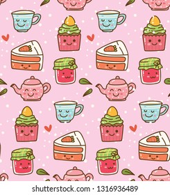 Kawaii tea time with cute cake and strawberry jam seamless background