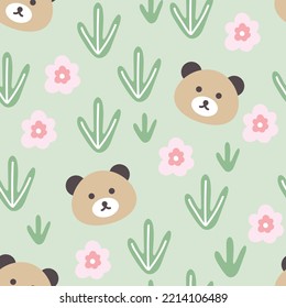 Kawaii teddy bear face with cactus plant and flowers on a pastel green background, kids pajama colorful print for wrapping paper, fabric and textile. EPS 10 seamless pattern