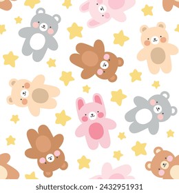 Kawaii teddy bear seamless pattern, vector background