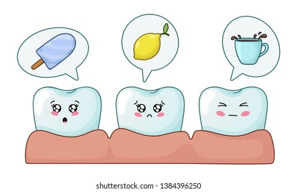 Kawaii teeth with emodji - concept of sensitivity of tooth enamel. The theme of oral hygiene, treatment and dental care, dentistry or stomatology, medicine. Flat vector illustration.