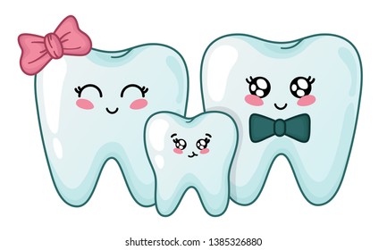 Kawaii teeth family - cute cartoon characters on white backgroound, concept of family dentistry - painless teeth treatment, oral hygiene and dental care. Vector flat illustration.
