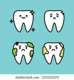 kawaii teeth icons, healthy teeth, cavities, broken teeth, dental plaque, smelly teeth. cute emoticon kawaii tooth icon, suitable for children's design