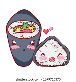 kawaii temaki and rice roll love food japanese cartoon vector illustration sushi and rolls