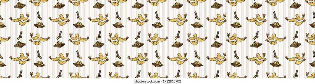 Kawaii tempura and chopstick seamless vector border. Hand drawn oriental deep fried seafood. Cute Japanese meal with prawn all over print. Asian recipe on stripe background. 