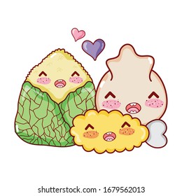 kawaii tempura dumpling and rice cake food japanese cartoon vector illustration sushi and rolls