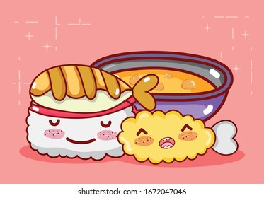 kawaii tempura roll fish and soup food japanese cartoon vector illustration sushi and rolls