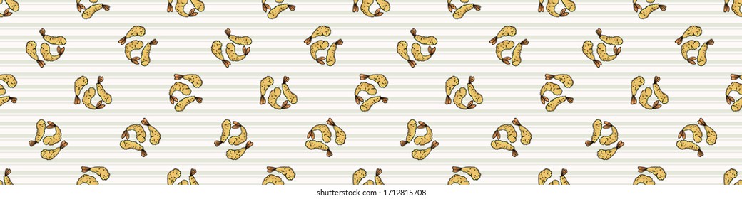 Kawaii tempura seamless vector border. Hand drawn oriental deep fried seafood. Cute Japanese meal with prawn all over print. Asian recipe on stripe background. 