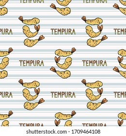 Kawaii tempura with text seamless vector pattern. Hand drawn oriental deep fried seafood. Cute Japanese meal with prawn all over print. Asian recipe on stripe background. 