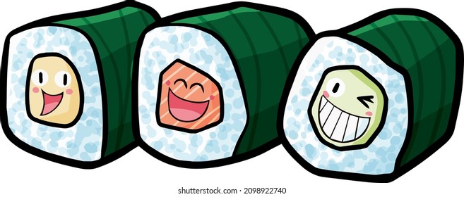 Kawaii three sushi in a happy mood