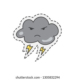 Kawaii thunder cloud. Cute hand drawn colored vector. editable stroke.