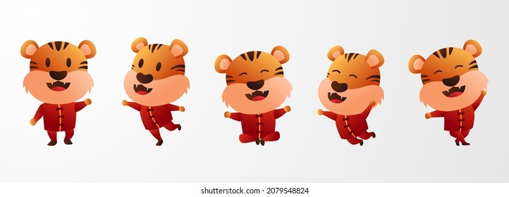 kawaii tiger chinese new year mascot with chinese asian traditional cloth. 2022 happy chinese lunar new year