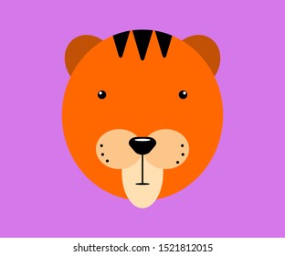 Kawaii tiger face. Cute animal in minimal style on a lilac background. Funny vector pet illustration. Muzzle of orange with black stripes and small eyes. Color emoji, sticker, print.   Image for kids