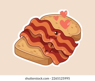 Kawaii toast with bacon. Good morning and breakfast. Cute character, protein and carbohydrates. Healthy food and nutrition. Sticker for social networks and messengers. Cartoon flat vector illustration