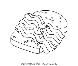 Kawaii toast with bacon line. Bread with pieces of meat. Minimalistic creativity and art. Childrens pencil drawing, sketch. Good morning and breakfast. Cartoon flat vector illustration