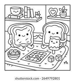 Kawaii Toast Friends Coloring Page – Cute Bread Characters Playing Board Games, Cozy Indoor Scene, Fun Printable for Kids and Families