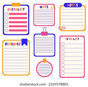 Kawaii to-do list, checklist, reminder and notes for organizer. Set of blank paper notes template or cute stickers for planner.