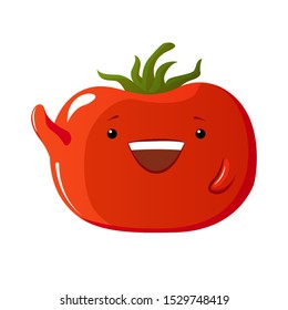 Kawaii tomato character. Tomato wave his hands. Vector icon. Illustration for sticker. Character smiling and happy. Cartoon style. Illustration for animation or sticker