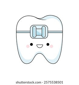 Kawaii tooth with braces. A smiling cute child character. A concept for pediatric dentistry and orthodontic treatment