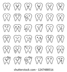 Kawaii tooth cartoon emoticon set, line style vector illustration editable stroke