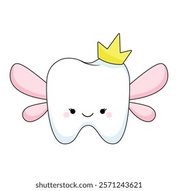 A kawaii tooth character. The concept of the tooth fairy. A cute children's illustration on the topic of loss of baby teeth