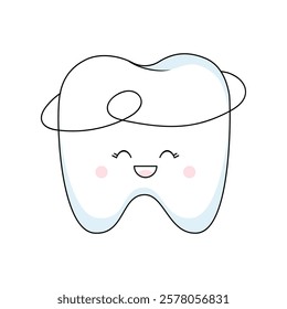 A kawaii tooth with dental floss. The concept of oral hygiene, brushing teeth. Cute children's illustration