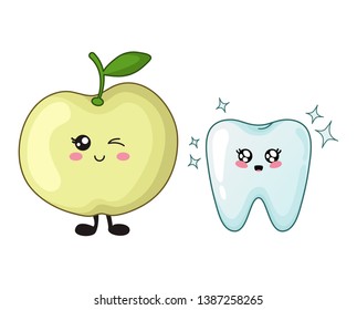 Kawaii tooth with its friend - green apple, cute cartoon characters on white, concept of dentistry - teeth treatment, oral hygiene and dental care. Vector flat illustration.
