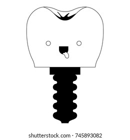 kawaii tooth implant with screw in black silhouette vector illustration