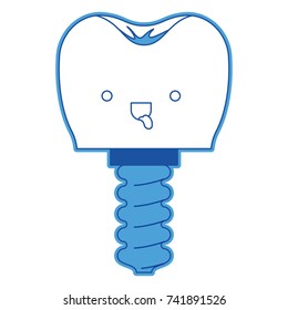 kawaii tooth implant with screw in blue silhouette vector illustration