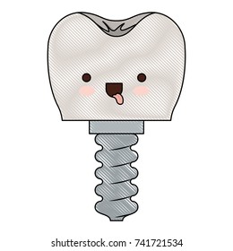 kawaii tooth implant with screw in colored crayon silhouette vector illustration