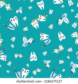 Kawaii tooth kids dental care vector educational seamless pattern background. Cute cartoon characters with toothbrush, tooth paste, brushing teeth. Fun children oral health pink white repeat.