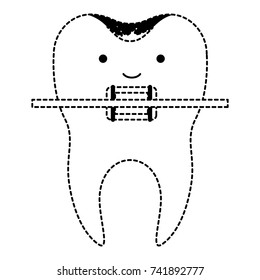 kawaii tooth with root and brace in black dotted silhouette vector illustration