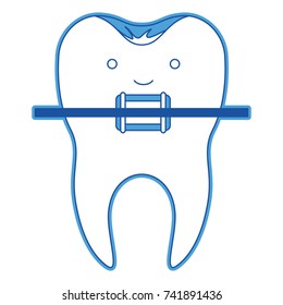 kawaii tooth with root and brace in blue silhouette vector illustration