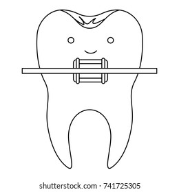 kawaii tooth with root and brace monochrome silhouette vector illustration