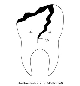 kawaii tooth with root and broken in black silhouette vector illustration