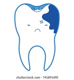 kawaii tooth with root and caries by side in blue silhouette vector illustration