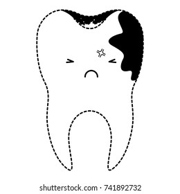 kawaii tooth with root and caries by side in black dotted silhouette vector illustration