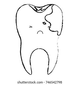 kawaii tooth with root and caries by side in monochrome blurred silhouette vector illustration